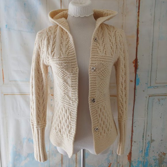 American Eagle hand knit 100% lambs wool hooded cable cardigan sweater/S/cream - Picture 1 of 10